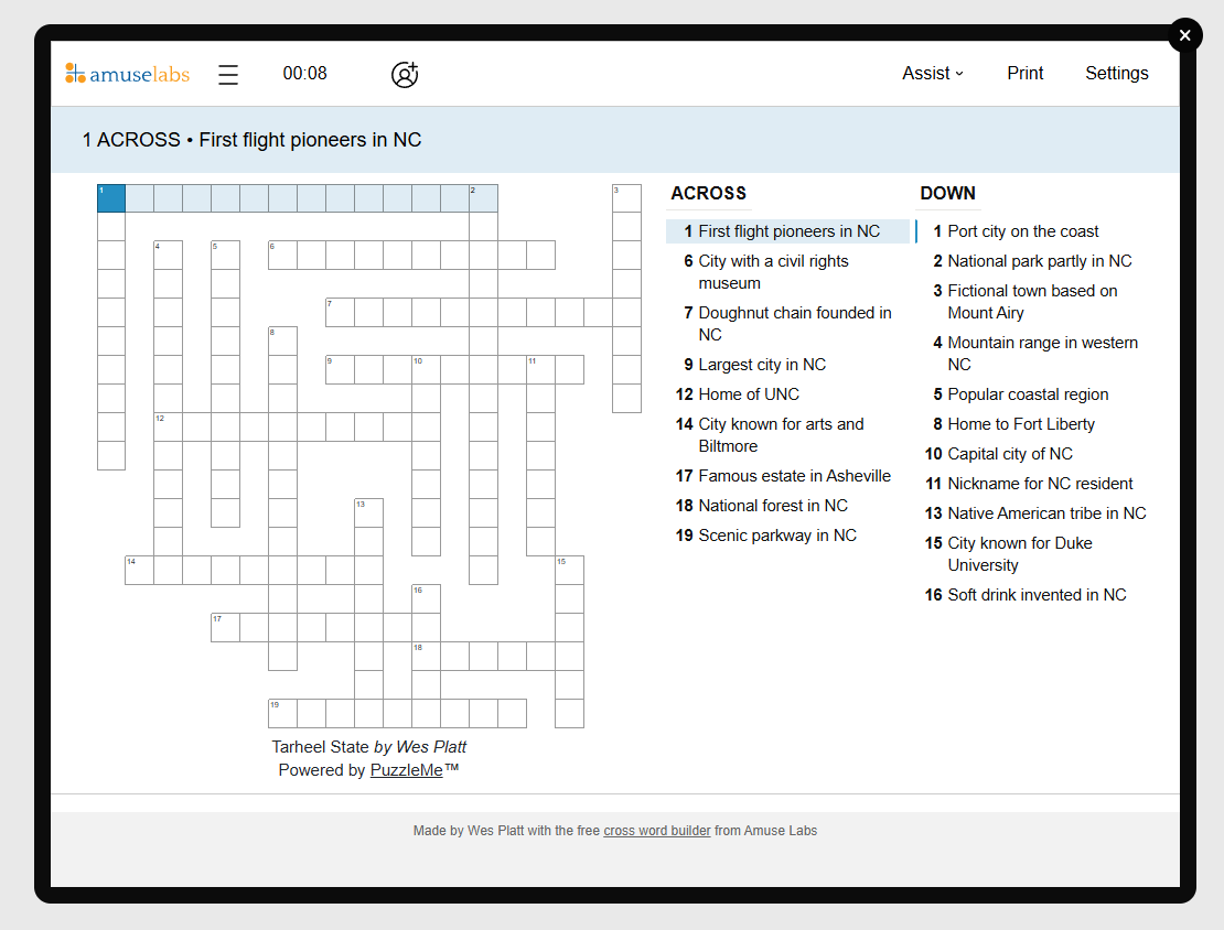 [Crossword] Tarheel State