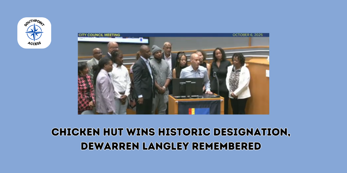 Members of The Chicken Hut family stand before the Durham City Council. The meeting also included tributes to community advocate DeWarren Langley, who recently passed away.