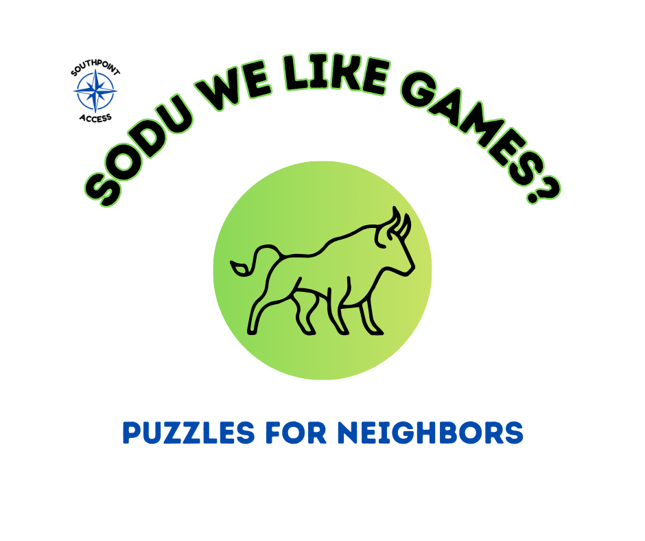 Graphic for the Southpoint Access “SoDu We Like Games?” page, featuring a green circle with a bull icon and the tagline “Puzzles for Neighbors.”