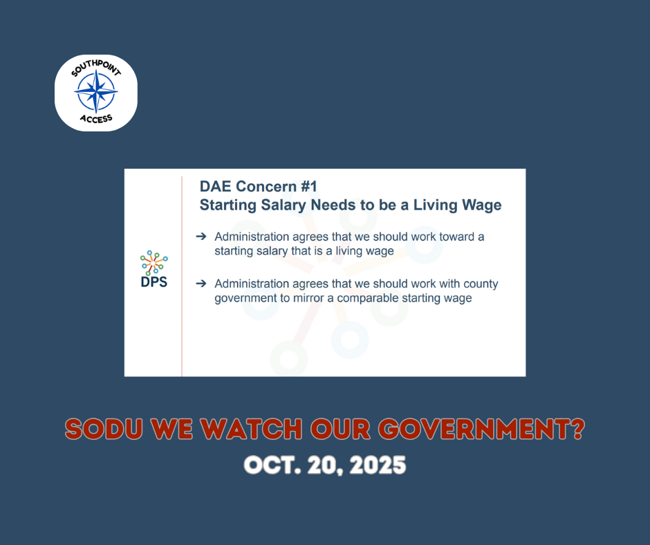Graphic on a dark blue background with the Southpoint Access compass logo. Center slide reads: “DAE Concern #1 — Starting Salary Needs to be a Living Wage.”