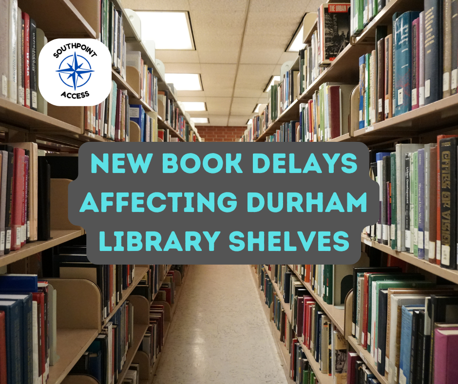 Photo of library stacks in a Durham branch with rows of books and fluorescent ceiling lights; Southpoint Access logo in the corner.