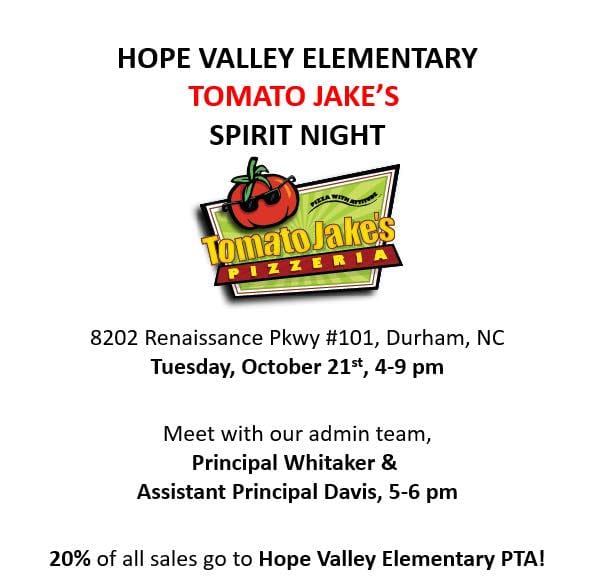 Flyer for Hope Valley Elementary Tomato Jake’s Spirit Night, featuring the Tomato Jake’s Pizzeria logo and details about the event.