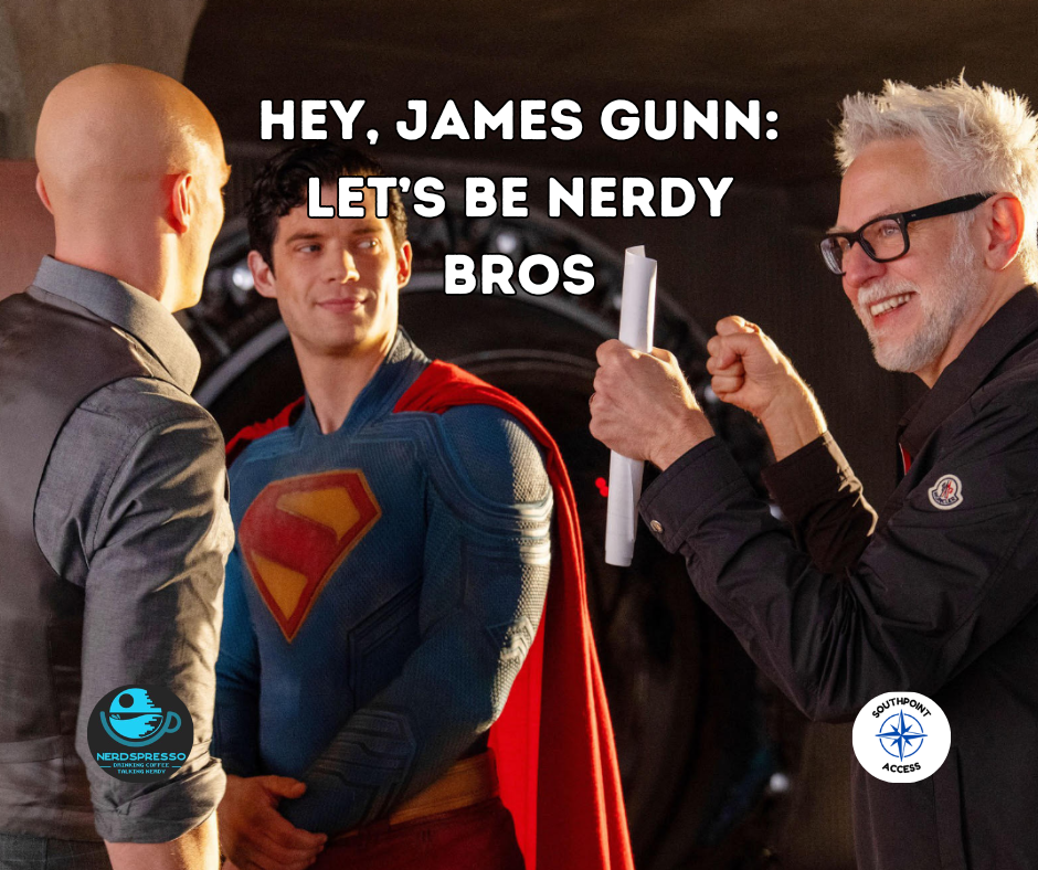 James Gunn smiles and gestures excitedly while talking with actors on the set of Superman.