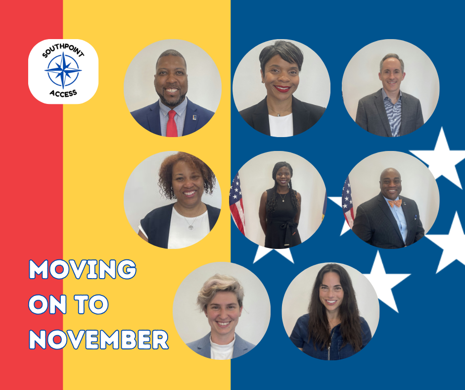 Eight candidate headshots in circular frames arranged over a red-yellow-blue background with stars, under the title “Moving On to November.”