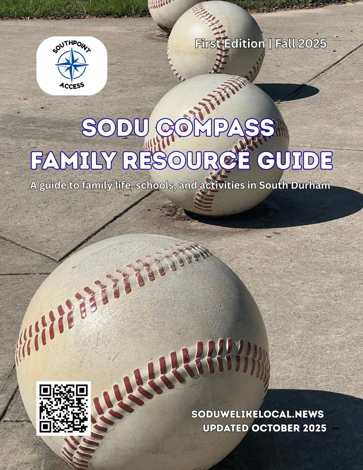 Cover of the SoDu Compass Family Resource Guide, First Edition | Fall 2025, featuring large decorative baseballs lined up on a sidewalk.