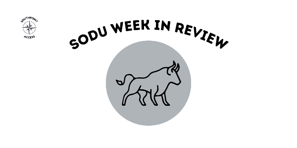 Logo for SoDu Week in Review, a South Durham news roundup by Southpoint Access, featuring a black bull icon on a circle with bold headline text.