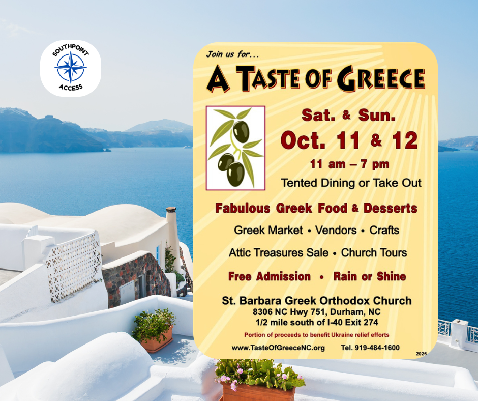Promotional flyer for A Taste of Greece festival at St. Barbara Greek Orthodox Church in Durham, NC, happening October 11–12, 2025.