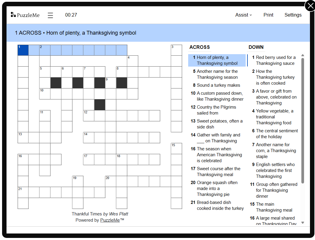 [Crossword] Thankful Times