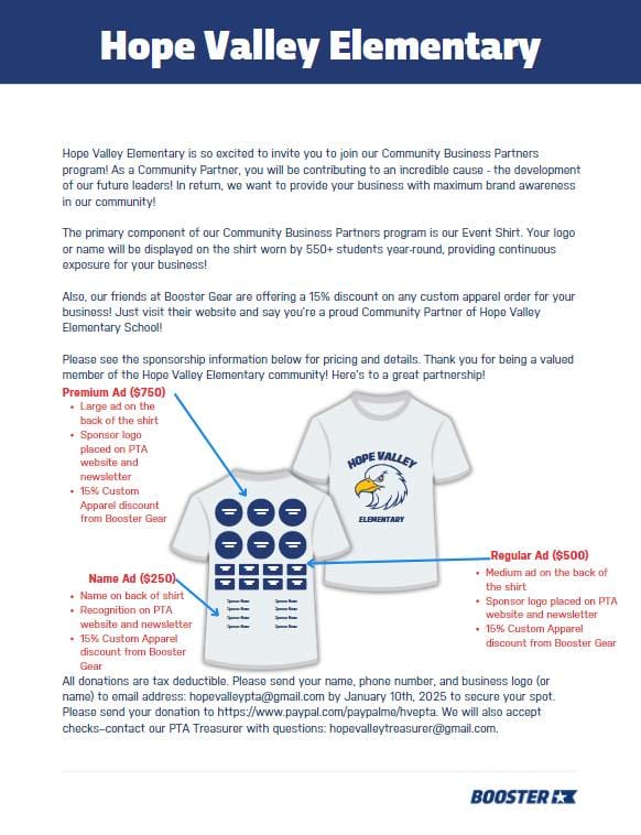 Hope Valley PTA Seeks T-Shirt Sponsors