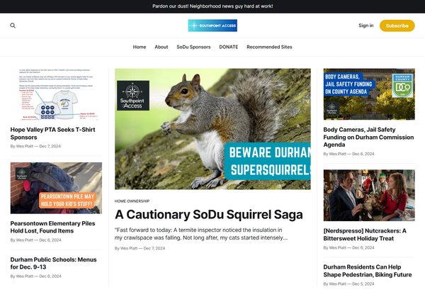 Front page of Southpoint Access, an ultra-local news site for South Durham.