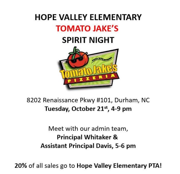 Flyer for Hope Valley Elementary Tomato Jake’s Spirit Night, featuring the Tomato Jake’s Pizzeria logo and details about the event.