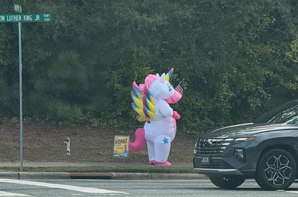 A protester dressed in a white, pink, yellow, and blue unicorn costume.