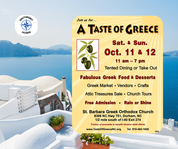 Promotional flyer for A Taste of Greece festival at St. Barbara Greek Orthodox Church in Durham, NC, happening October 11–12, 2025.