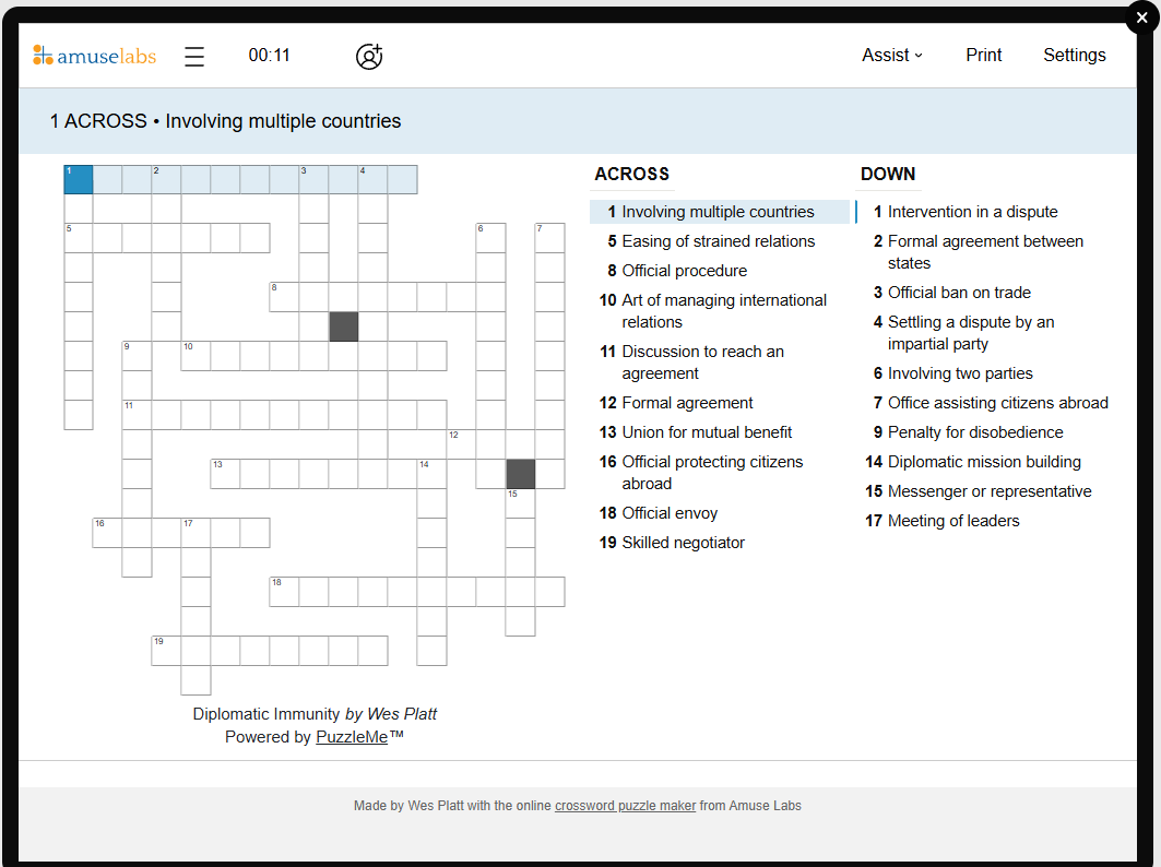 [Crossword] Diplomatic Immunity